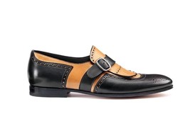 Two Tone Black Tan Oxford Men Real Leather Fashion Rounded Toe Monk Buckle Shoes - £119.89 GBP+