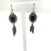 Vtg Sign Sterling Southwest Navajo Black Onyx Stone Dangle Feather Hook Earrings - £51.43 GBP