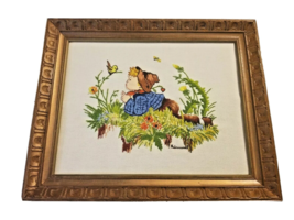 Vintage Crewel Embroidery Boy Whistle Scene Framed Field Bee Birds Flower Hummel - £19.43 GBP