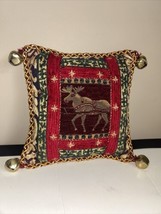 Vintage throw pillow Reindeer brass sleigh bells Tapestry Braided Rope T... - £42.83 GBP