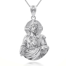 925 Sterling Silver 3D Jesus Christ Sacred Heart Big Pendant Necklace - £61.22 GBP+