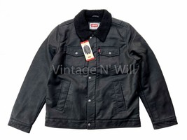 Levis Jeans Red Tab Mens M Black Faux Leather Sherpa Lined Winter Trucker Jacket - £59.88 GBP