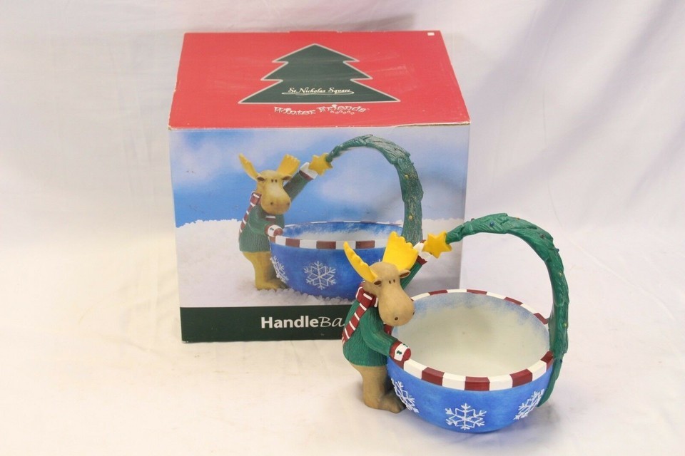 St. Nicholas Square Winter Friends Moose Handle Basket Bowl Christmas 7&quot;... - $15.67