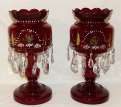 Par  Antique Bohemian Cranberry Glass Lusters Lg 14&quot; Lusters w Double Row Prisms - £257.05 GBP