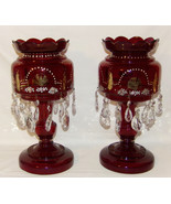 Par  Antique Bohemian Cranberry Glass Lusters Lg 14&quot; Lusters w Double Ro... - £259.79 GBP