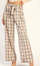 Lulu&#39;s Plaid Pants Wide Leg Women&#39;s Small Tan Ivory Paperbag Waist - $13.91