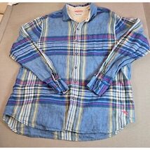 Tommy Bahama Linen Plaid Shirt XL Blue Button Up Marlin Logo Long Sleeve - $53.50 CAD