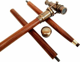 Brass TELESCOPE on Handle Wooden 3 fold Walking Cane Stick With Hidden - £47.63 GBP