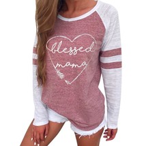 Blessed Mama T Shirt Women&#39;s Long Sleeve Vintage Patchwork Print Tops - £19.81 GBP