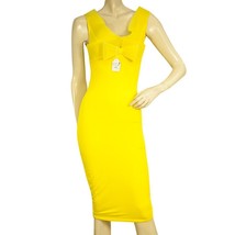 Bright Yellow Bodycon Below Knee Length Sleeveless Bow Midi Dress - $74.25