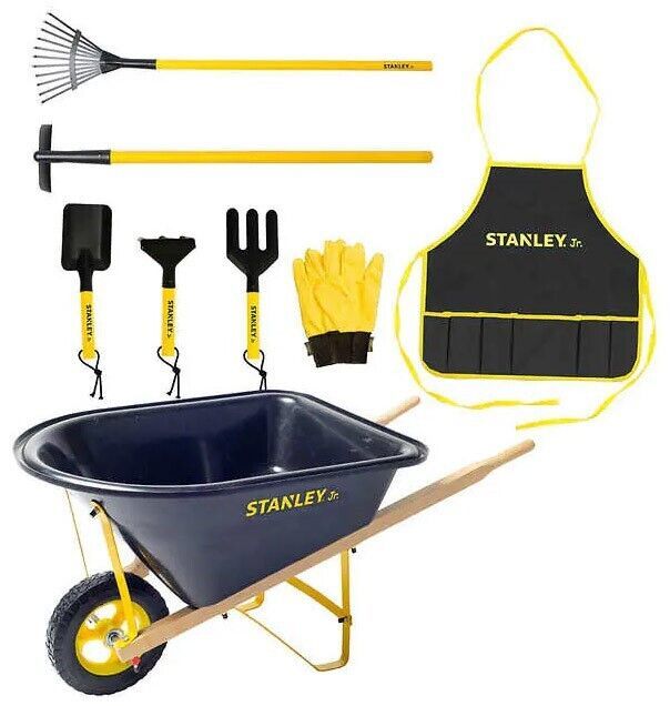 Primary image for NEW Stanley Jr. 20L Kids Wheelbarrow with 7 Piece Tools Garden Set