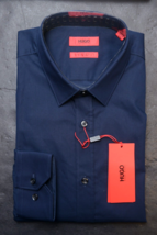 HUGO BOSS Uomo Elisha Facile Ferro Extra Slim Fit Navy Cotone Camicia 39 15.5 - £51.27 GBP