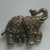 Vintage Silver-tone Multi-color Jeweled Elephant Brooch - £18.00 GBP