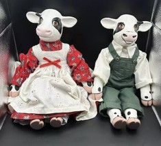 Heifer &amp; Bull Cow Pair Doll Figurine Ceramic Head &amp; Hooves Xmas Dress 15... - $14.48