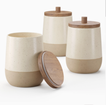 Set of 3 Rustic Cream Beige Ceramic Kitchen Bathroom Canister Set Wooden Lids - £26.65 GBP