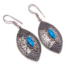 Turquoise Marquis Gems 925 Silver Overlay Handmade Oxidised Antique Drop Earring - £13.50 GBP