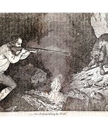 Putuam Killing The Wolf 1845 Woodcut Print Victorian Revolutionary War D... - $54.66 CAD