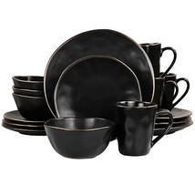 Elama Modern 16 pc Stoneware Dinnerware Set in Matte Black w Gold Rim - £68.31 GBP