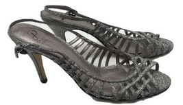Silver Glitter Sparkle Slingback Heels Lattice Criss Cross Strap Caged Size 8.5 - £10.99 GBP