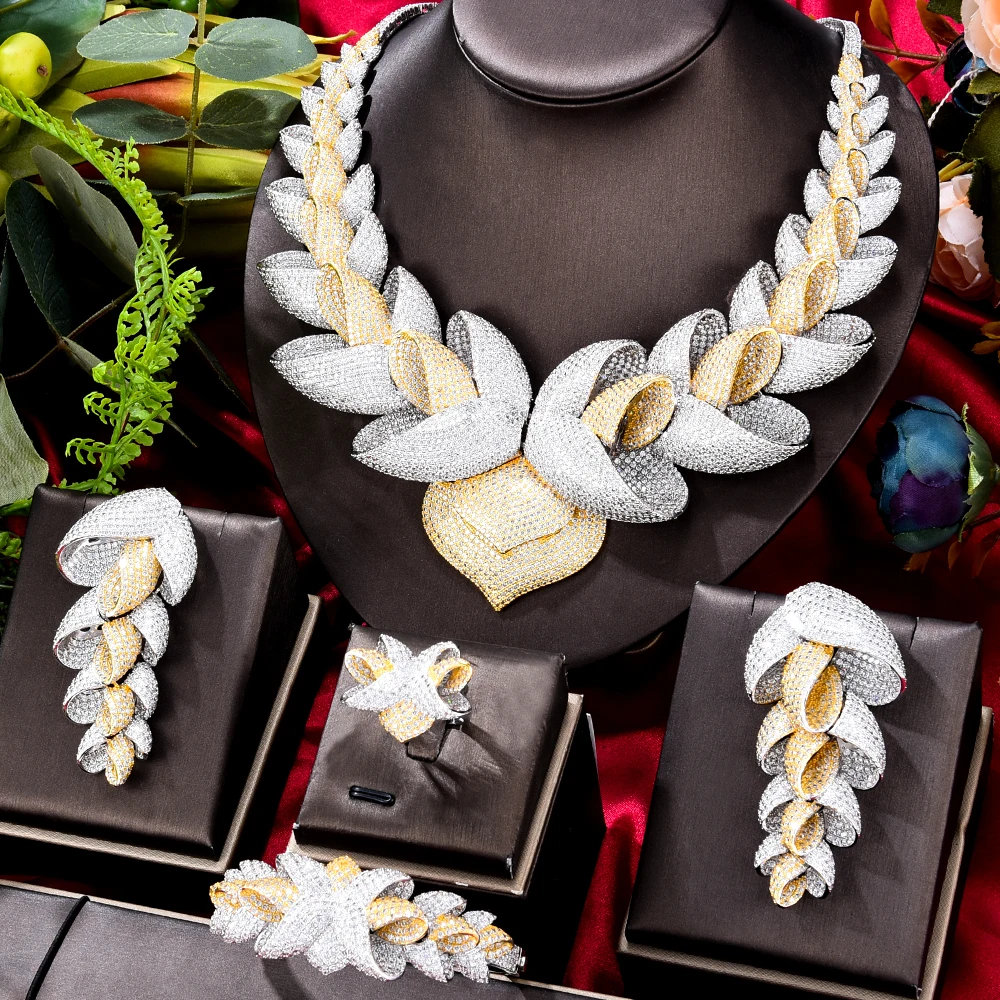Luxury Lotus Flower Cubic Zirconia African Indian Necklace Earring Set Dubai Nig - £280.15 GBP