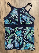 Lands End Tankini 2P Petite High Neck Keyhole Top Navy Tropical Floral Wirefree - £14.43 GBP