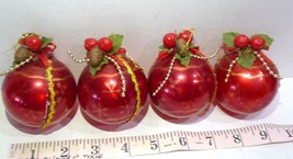 Red Plastic Decorated Ball Ornaments  3&quot; tall berries leaves Christmas L... - $14.80