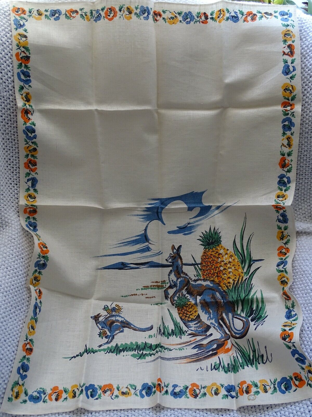 Primary image for Australian Kangaroo On Pineapple Fruit Tree Linen Tea Towel