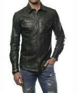 Camisa de cuero genuino de piel de cordero para hombre elegante negra he... - $2,765.31 MXN+