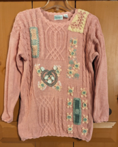 Vintage Shenanigans Womens Embroidered Chunky Knit Pink Pullover Sweater Size S - £19.02 GBP