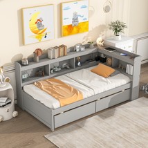 Twin Bed With L-Shaped Bookcases,Drawers - Gray - £413.56 GBP