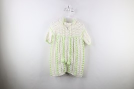 Vintage 70s Hand Knit Crochet Hooded Baby Bunting One Piece White Lime USA - £23.29 GBP