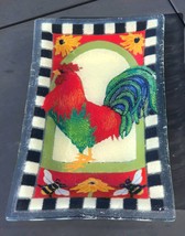 Peggy Karr Colorful ROOSTER 10&quot; Fused Glass Tray w Bees, Checks, Daisy  10x6 - £31.11 GBP
