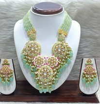 Bollywood Style Indian Gold Plated Kundan Green Necklace Enameled Jewelry Set - £134.58 GBP