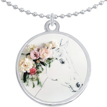 Horse with Flowers Round Pendant Necklace Beautiful Fashion Jewelry - £8.63 GBP