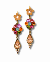 Colourful Brass Floral Dangle Drop Earrings w/ Swarovski Crystals Women ... - $64.99