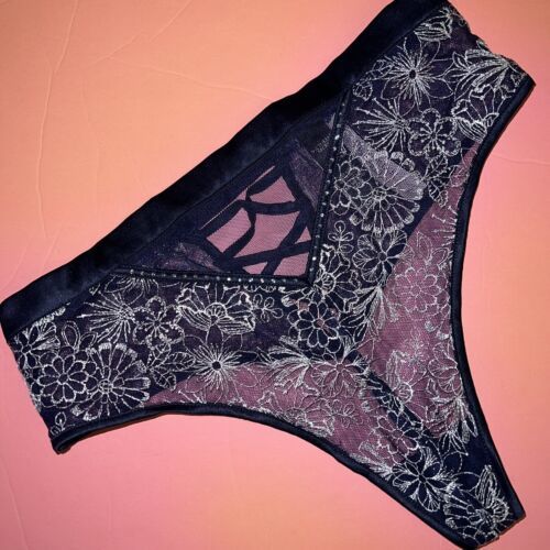 Victoria&#39;s Secret S,M THONG high-waist NAVY BLUE Silver Floral embroider... - $29.69
