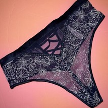 Victoria&#39;s Secret S,M THONG high-waist NAVY BLUE Silver Floral embroider Crystal - £23.45 GBP