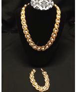 Costume Jewelry Gold Color 18 Inch Link Necklace w/ Pearls &amp; Matching Br... - $12.19