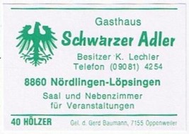 Matchbox Label Germany Gasthaus Schwarzer Adler Lopsingen - £0.77 GBP