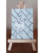 ACEO Original White Cat On Patio Painting Signed Collectible Miniature A... - $12.05