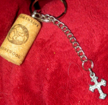 handmade WINE CORK KEY CHAIN w  CROSS dusrty blue  (copper?) dimensional... - $5.00