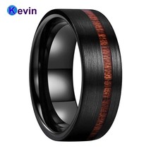 Flat Band Wood Ring Black Tungsten Wedding Band For Men And Women With Offset Gr - £21.01 GBP