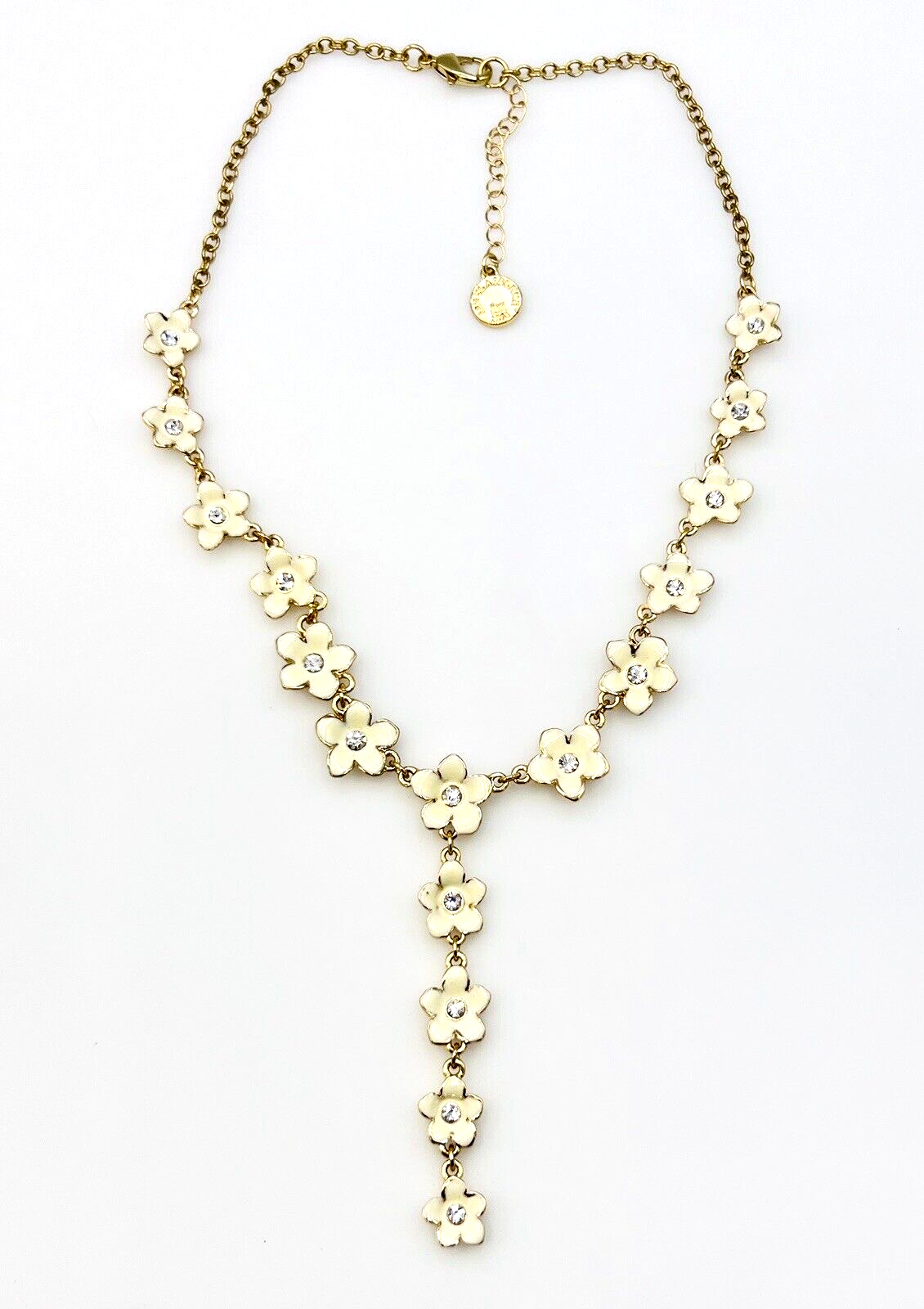 Liz Claiborne Cream Enamel Rhinestone Flower Y Drop Necklace - £17.34 GBP