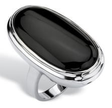 Oval Cut Black Onyx Cabochon Ring Silvertone Platinum 6 7 8 9 10 - £96.14 GBP