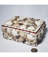 VTG Handmade Sea Shell Covered Rectangle Wood Hinged Trinket Box Red Fel... - £27.69 GBP