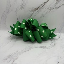 Oversized Grosgrain Green/ White Polka Dot Ribbon Hair Bow  Puffy Barrette 6” - $9.50