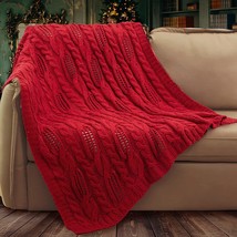 Red Cable Knit Wool Throw Blanket By Amélie Home, 50&quot; X 60&quot;, Soft, Cozy, And - £40.87 GBP