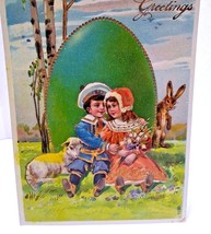 Easter Postcard Fantasy Standing Rabbit Lamb Victorian Children Gel Germany 1150 - £33.62 GBP
