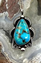 Navajo Vintage Handmade Sterling Silver Natural Blue Turquoise Pendant Necklace - £119.89 GBP
