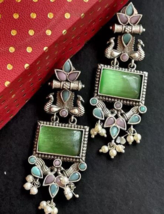 Indian Silver Plated Bollywood Antique Style Green Earrings Jewelry Set - £22.40 GBP